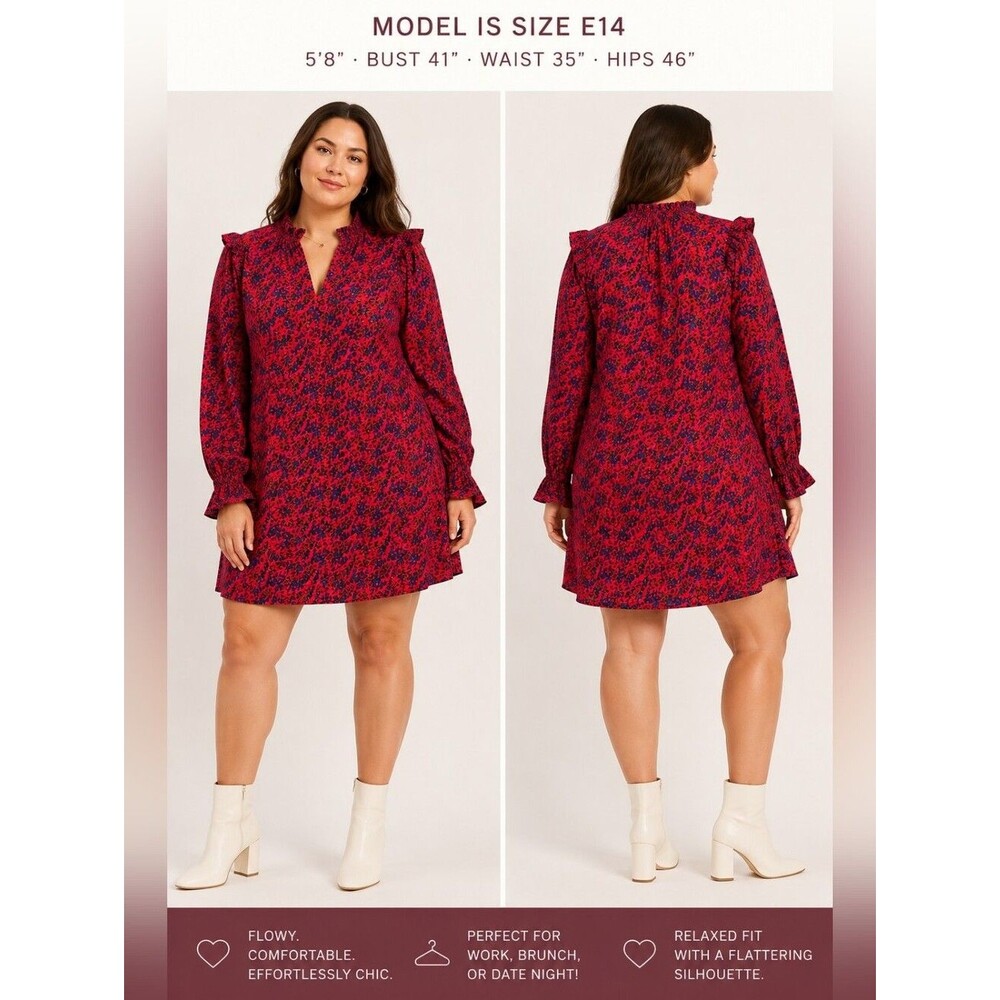 H&M Red Blue Floral Ruffle Neck Shift Dress Sz 14 Boho Cottagecore Red Blue Fair